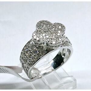 925 Sterling Silver. Pave Moissanite Clover Ring Size 8. Rhodium Plated